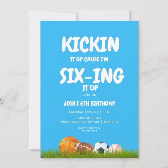 6th Boy's Kickin it Up Blue Birthday Party II Invitation (Front)
