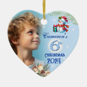 6th Christmas Personalized Boy's Photo Heart Gift Ceramic Ornament