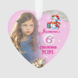 6th Christmas Personalized Girl Photo Heart Gift Ornament