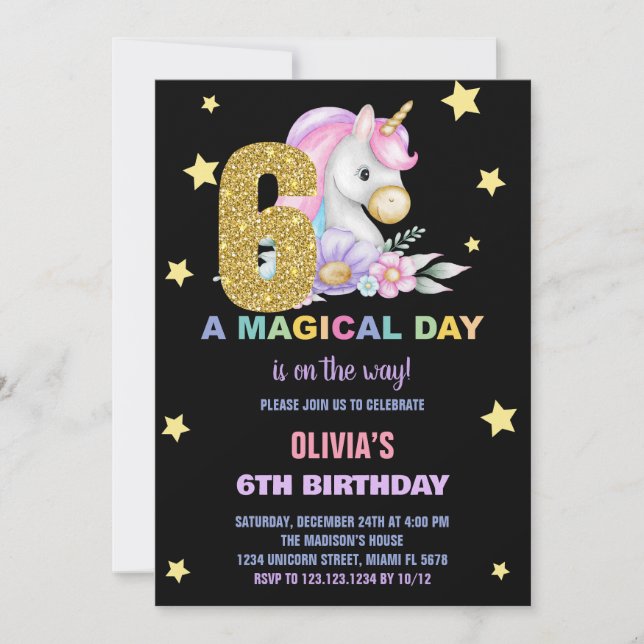 6th Floral Unicorn Birthday Invitations (Front)