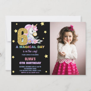 6th Floral Unicorn Birthday Invitations with photo