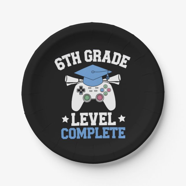 6th Grade Level Complete Gamer Gaming Graduation Paper Plates (Front)