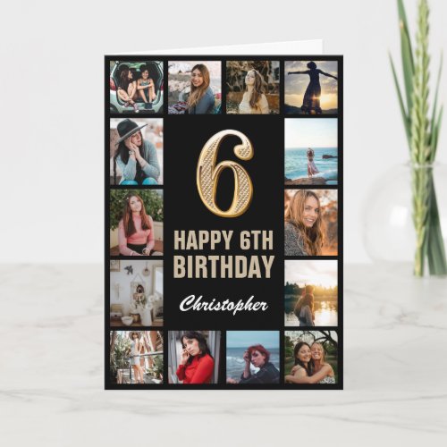 6th Happy Birthday Black and Gold Photo Collage Card