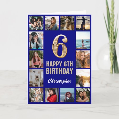 6th Happy Birthday Navy Blue  Gold Photo Collage Card