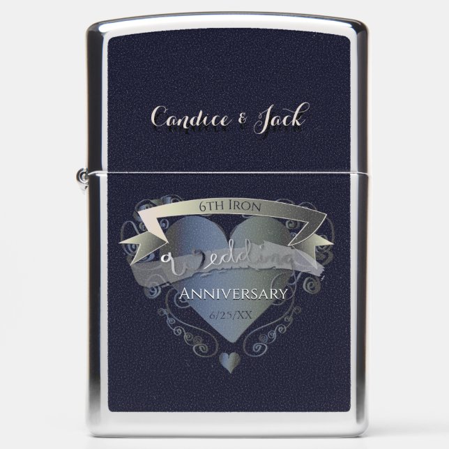 6th Iron Wedding Anniversary 3D Heart Emblem Zippo Lighter (Front)