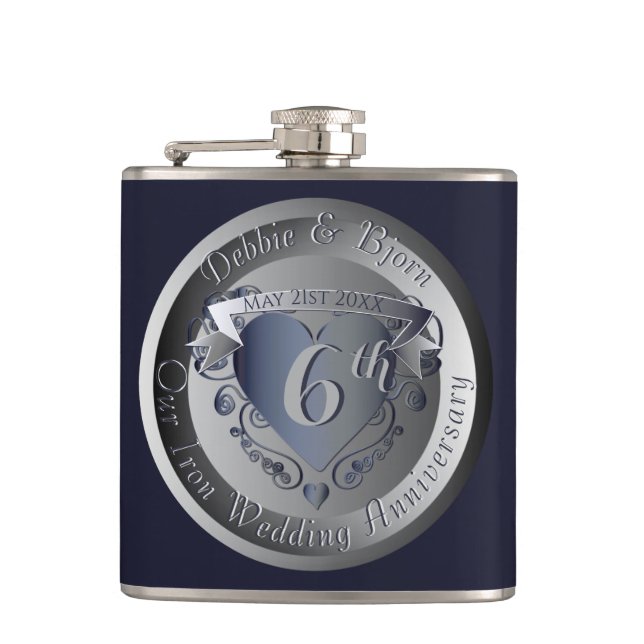 6th Iron Wedding Anniversary Medallion Flask (Front)