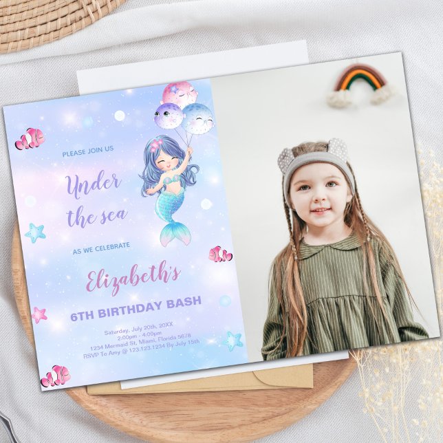 6th Mermaid Birthday Invitation with Photo (6th Mermaid Birthday Invitations with photo)