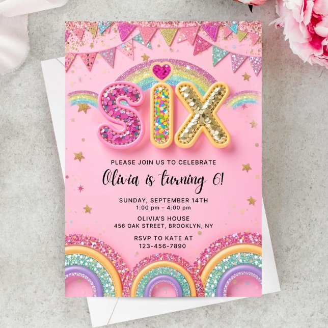 6th Pink Birthday Invitation Girl, 6th Pink Rainbo (Creator Uploaded)