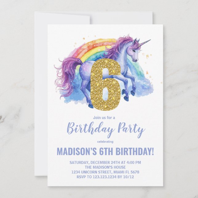 6th Rainbow Unicorn Birthday Invitations (Front)