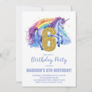 6th Rainbow Unicorn Birthday Invitations