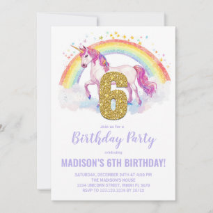 6th Rainbow Unicorn Birthday Invitations