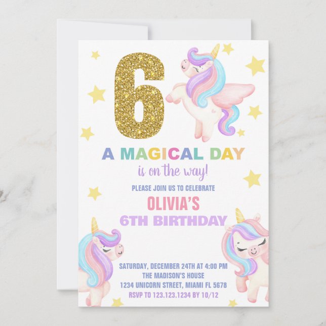 6th Rainbow Unicorn Birthday Invitations Fly (Front)