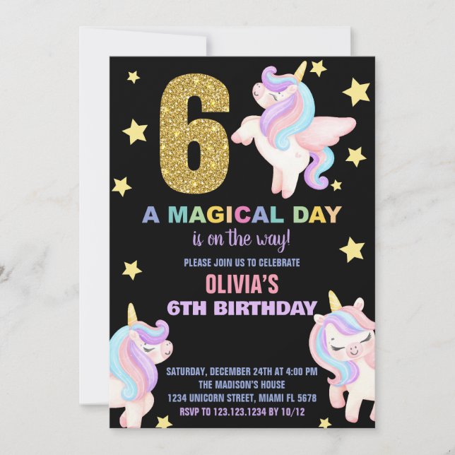 6th Rainbow Unicorn Birthday Invitations Fly (Front)