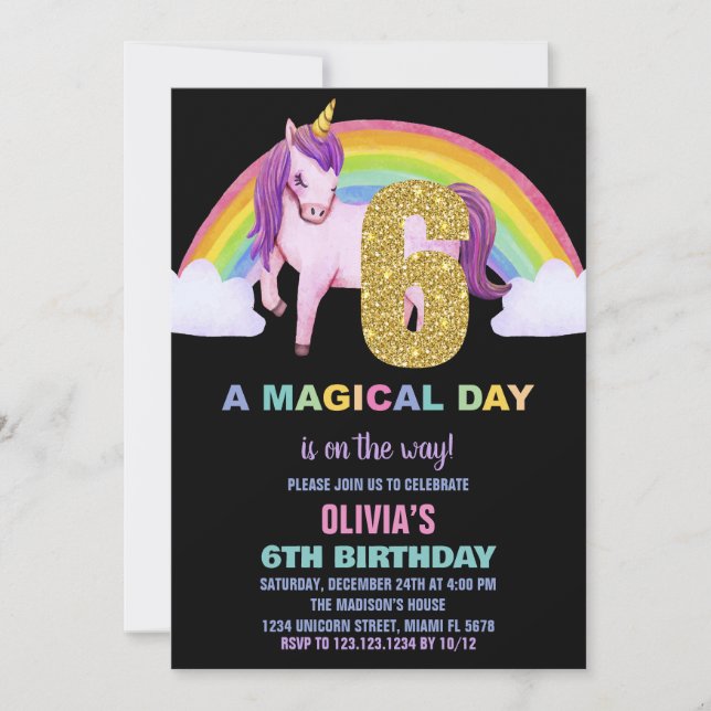 6th Rainbow Unicorn Birthday Invitations Glitter (Front)