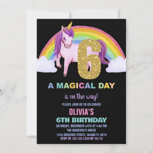 6th Rainbow Unicorn Birthday Invitations Glitter