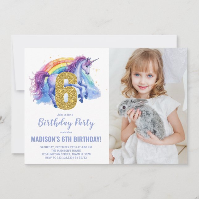 6th Rainbow Unicorn Birthday Invitations photo (Front)