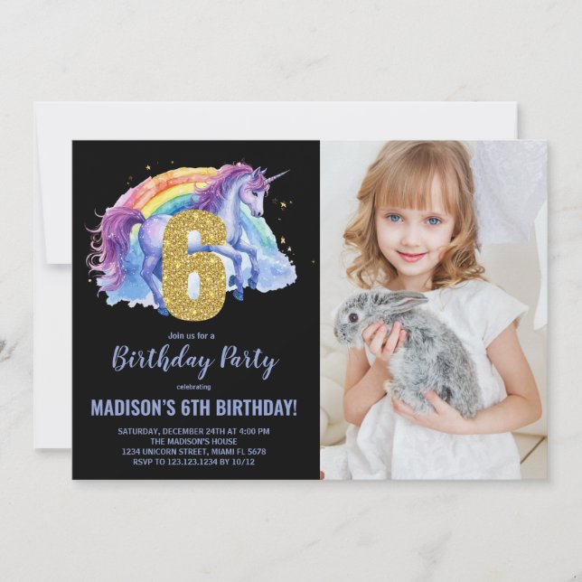 6th Rainbow Unicorn Birthday Invitations photo (Front)
