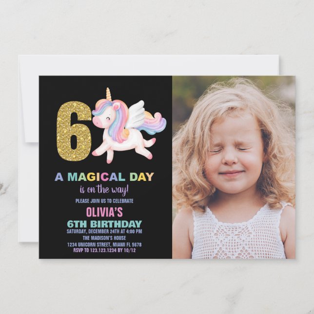 6th Rainbow Unicorn Birthday Invitations photo (Front)