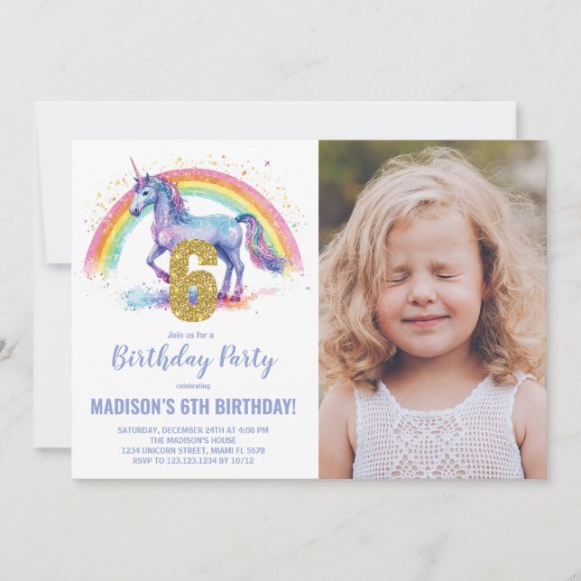 6th Rainbow Unicorn Birthday Invitations photo (Front)