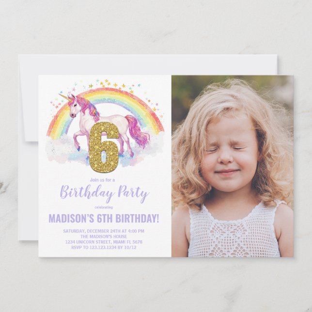 6th Rainbow Unicorn Birthday Invitations photo (Front)