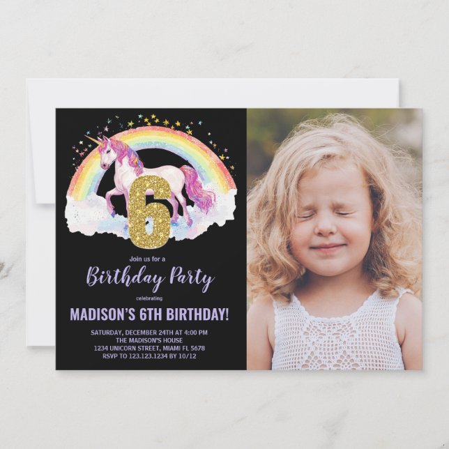 6th Rainbow Unicorn Birthday Invitations photo (Front)