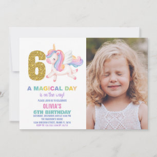 6th Rainbow Unicorn Birthday Invitations w photo