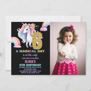6th Rainbow Unicorn Birthday Invitations w photo
