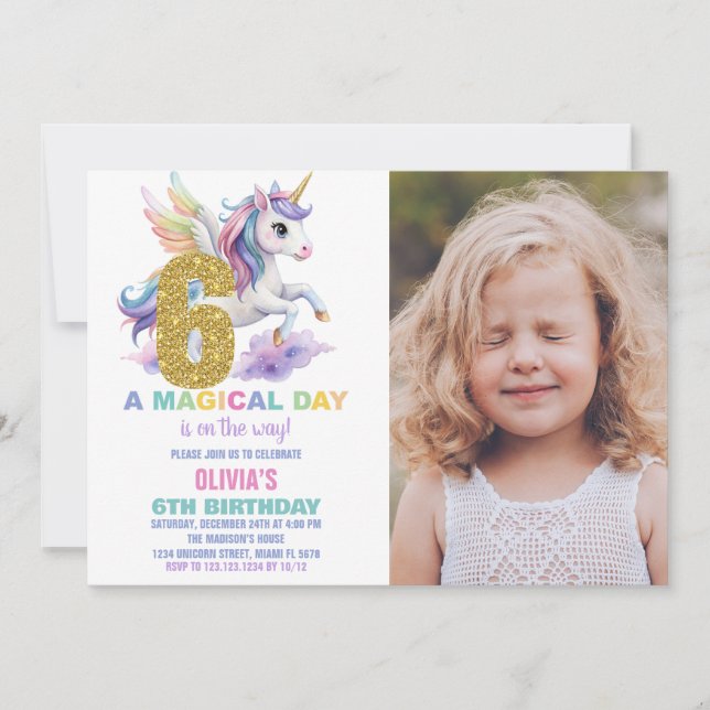 6th Rainbow Unicorn Birthday Invitations w photo (Front)