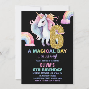 6th Rainbow Unicorn Birthday Invitations watercolo