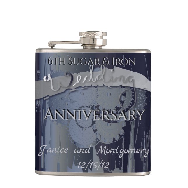 6th Sugar and Iron Wedding Anniversary Steampunk Flask (Front)