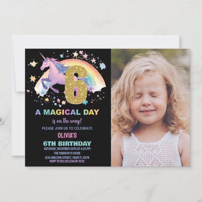 6th Unicorn Birthday Invitations with photo (Front)