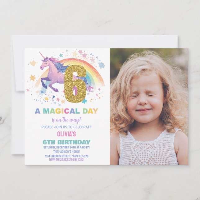 6th Unicorn Birthday Invitations with photo (Front)