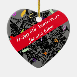 6th Wedding Anniversary, Nails and Candy, heart Ceramic Ornament