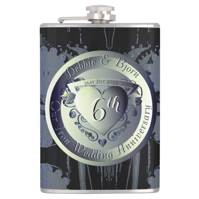 6th Wedding Anniversary Steampunk Iron Medallion  Flask (Front)