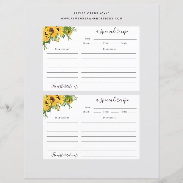 6x4 Sunflower Bridal Shower Recipe Card (Front)