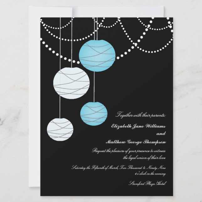 6x8 Aqua Blue Paper Lanterns Wedding Invite (Front)