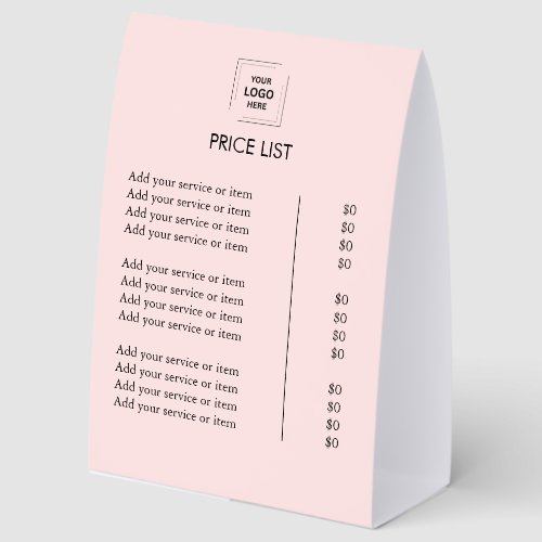 6x8 Price List Table Tent Paper Sign
