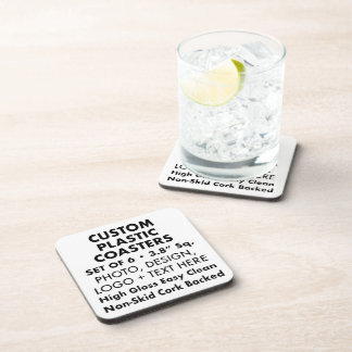 6x Custom Personalized Plastic Coasters, Cork Back Beverage Coaster