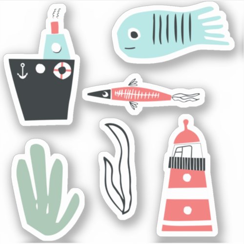 6x Ocean doodle scene sticker