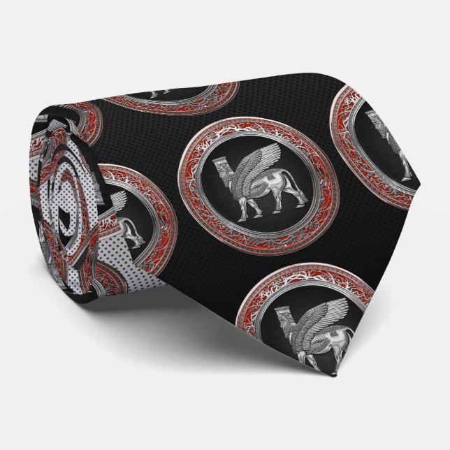 [700] Assyrian Winged Bull - Silver Lamassu Neck Tie (Rolled)