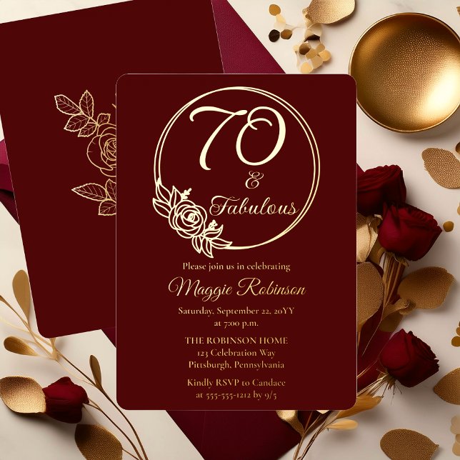 70 and Fabulous 70th Birthday Party Stamped Foil Invitation (Elegant Rose Wreath 70 and Fabulous 70th Birthday Party Burgundy Stamped Gold Foil Invitation )