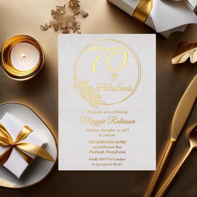 70 and Fabulous 70th Birthday Party Stamped Foil Invitation (Simply Elegant Rose Wreath "70 and Fabulous" 70th Birthday Party Stamped Foil Invitation)
