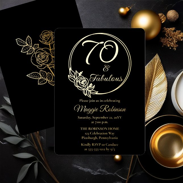 70 and Fabulous 70th Birthday Party Stamped Foil Invitation (Simply Elegant Rose Wreath "70 and Fabulous" 70th Birthday Party Black Stamped Gold Foil Invitation )