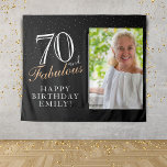 70 and Fabulous Black 70th Birthday Photo Backdrop<br><div class="desc">70 and Fabulous Black 70th Birthday Photo Backdrop Tapestry. 70 and fabulous text in trendy script with a name on a black background. Personalize it with your photo, your name and the age, and make your own birthday party banner. It`s a great banner and backdrop for a woman`s birthday party....</div>