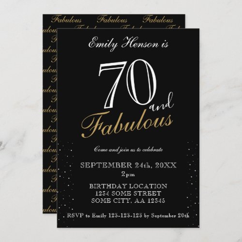 70 and Fabulous Black Elegant Script Birthday  Invitation - 70 and Fabulous Black Elegant Script Birthday Invitation. Black elegant birthday party invitation. Fabulous pattern is on the backside. Customize the text on the invitation. Great for a woman`s 70th birthday party.