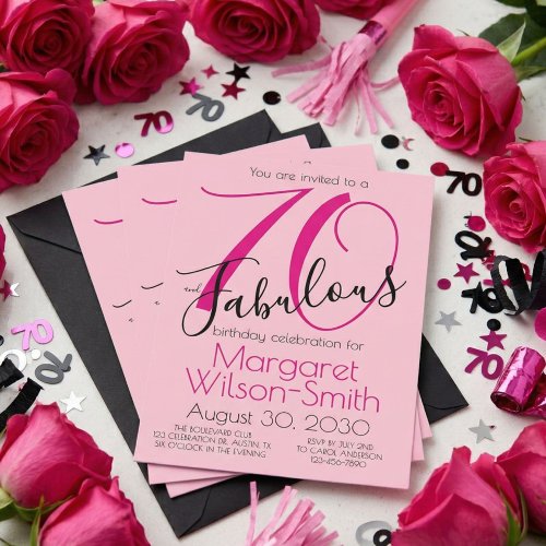 70 and Fabulous Blush Pink Black 70th Birthday Invitation