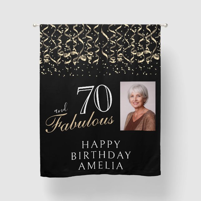 70 and Fabulous Confetti Black 70th Birthday Photo Blackout Curtains (Front)