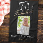 70 and Fabulous Elegant 70th Birthday Photo Kitche Kitchen Towel<br><div class="desc">70 and Fabulous Elegant 70th Birthday Photo kitchen towel. Elegant script in white and golden colors. Add your name and photo.</div>