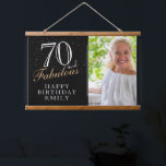 70 and Fabulous Elegant Black 70th Birthday Photo  Hanging Tapestry<br><div class="desc">70 and Fabulous Elegant Black 70th Birthday Photo Hanging Tapestry. 70 and fabulous text in trendy script with a name on a black background. Personalize it with your photo, your name and the age, and make your own birthday party backdrop. It`s a great sign and backdrop for a woman`s birthday...</div>