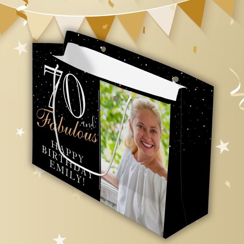 70 and Fabulous Elegant Black 70th Birthday Photo Large Gift Bag